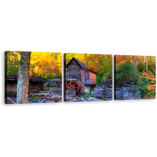 Load image into Gallery viewer, Virginia Mountains Canvas Print, Yellow Autumn Trees Old Grist Mill 3 Piece Wall Art, Clifftop Green Babcock State Park Canvas Set
