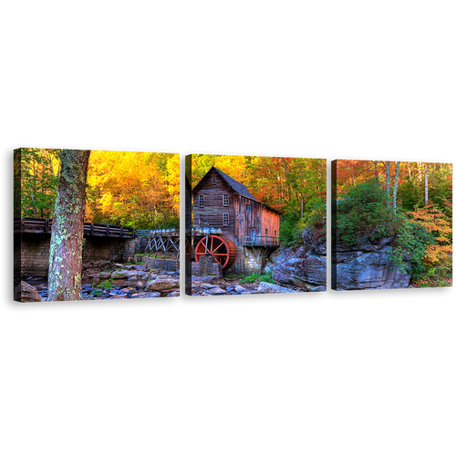 Virginia Mountains Canvas Print, Yellow Autumn Trees Old Grist Mill 3 Piece Wall Art, Clifftop Green Babcock State Park Canvas Set