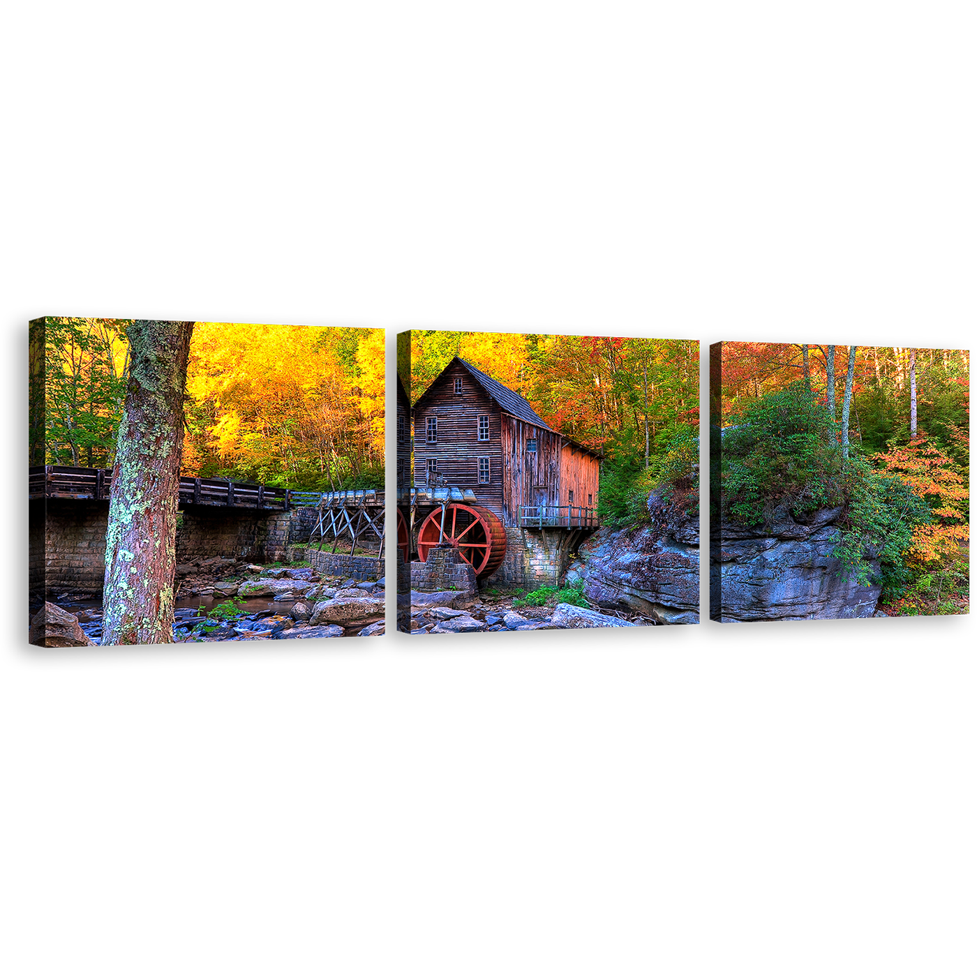 Virginia Mountains Canvas Print, Yellow Autumn Trees Old Grist Mill 3 Piece Wall Art, Clifftop Green Babcock State Park Canvas Set