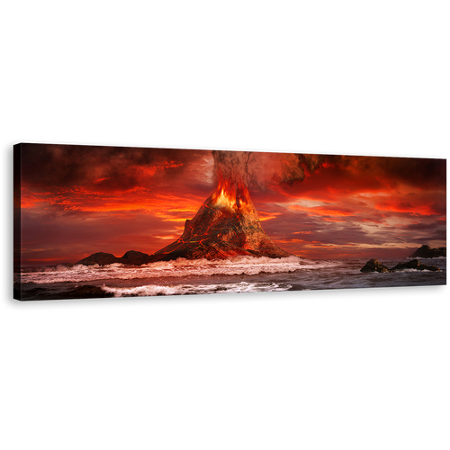 Volcano Eruption Canvas Wall Art, Red Sky Sea Panoramic Canvas, Orange Volcano Lava Scenery Canvas Print