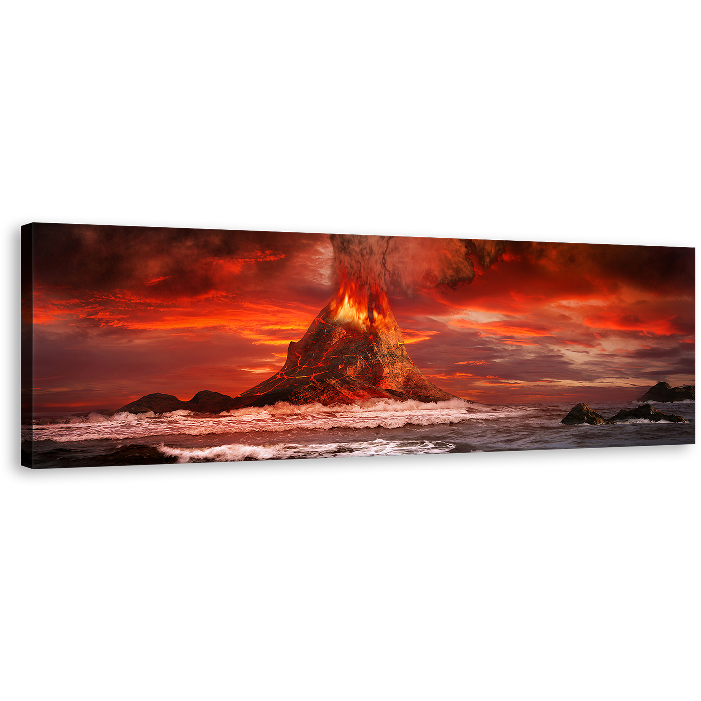 Volcano Eruption Canvas Wall Art, Red Sky Sea Panoramic Canvas, Orange Volcano Lava Scenery Canvas Print