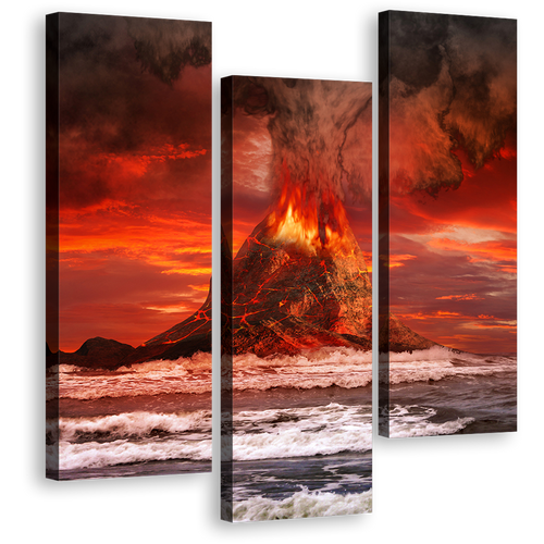 Volcano Scenery Canvas Print, Red Sky Volcano Eruption Canvas Wall Art, Orange Volcano Lava 3 Piece Canvas Set