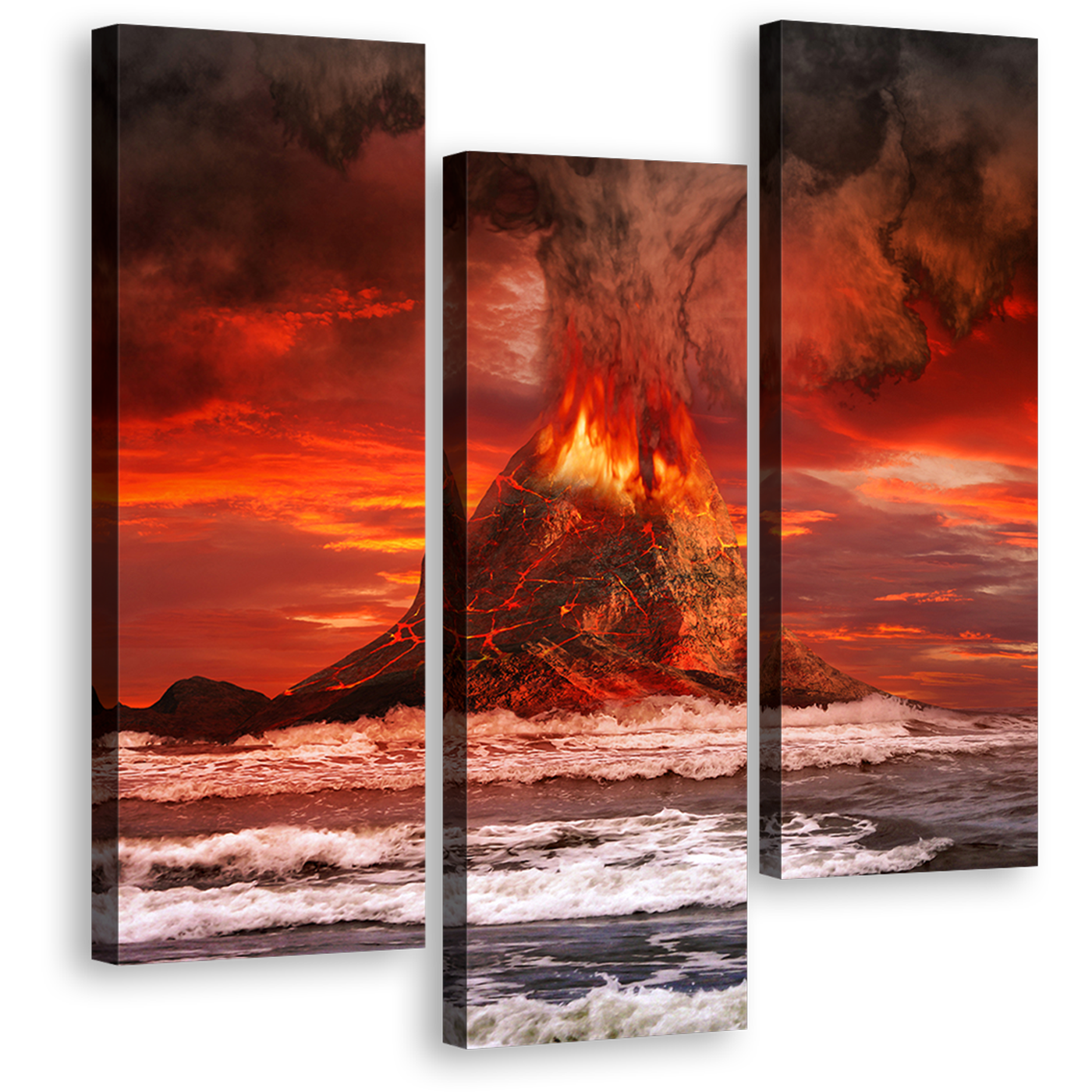 Volcano Scenery Canvas Print, Red Sky Volcano Eruption Canvas Wall Art, Orange Volcano Lava 3 Piece Canvas Set