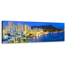 Load image into Gallery viewer, Waikiki Beach Canvas Wall Art, Honolulu Hawaii Yellow City Lights Panorama Canvas, Blue City Beach Landscape Canvas Print
