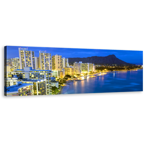 Waikiki Beach Canvas Wall Art, Honolulu Hawaii Yellow City Lights Panorama Canvas, Blue City Beach Landscape Canvas Print