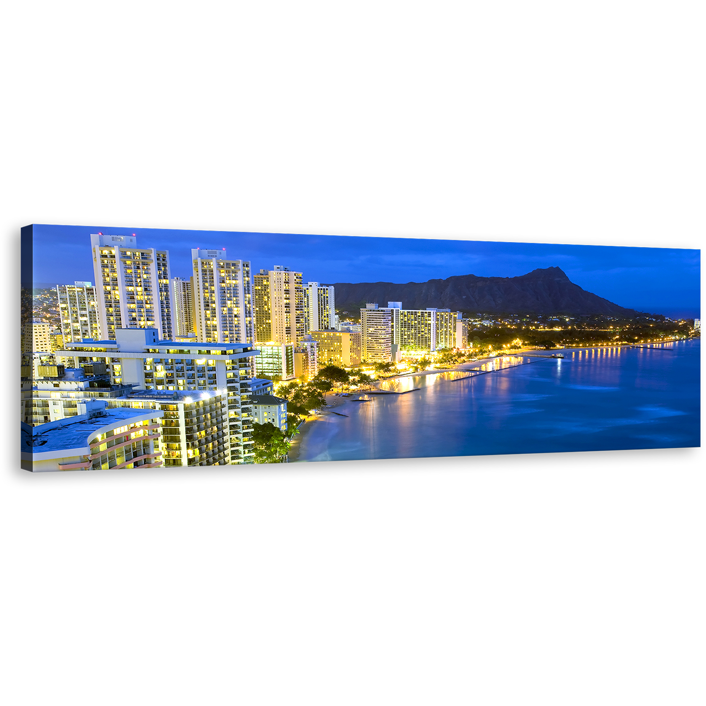 Waikiki Beach Canvas Wall Art, Honolulu Hawaii Yellow City Lights Panorama Canvas, Blue City Beach Landscape Canvas Print