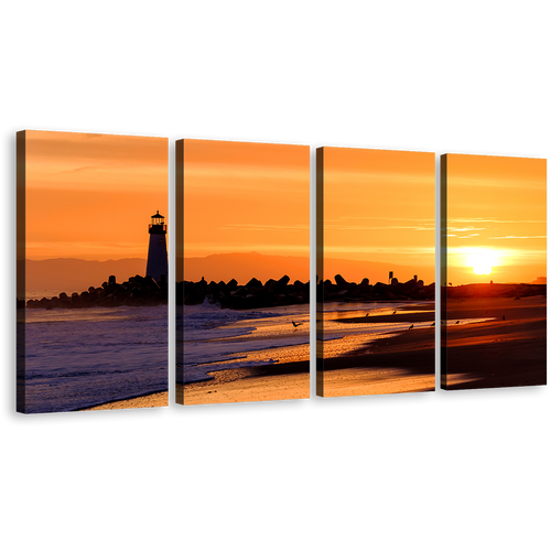 Walton Lighthouse Canvas Wall Art, Orange Santa Cruz Light Beacon 4 Piece Multiple Canvas, Black Lighthouse California Beach Canvas Print