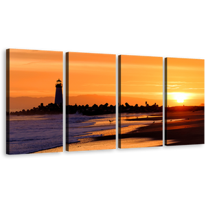Walton Lighthouse Canvas Wall Art, Orange Santa Cruz Light Beacon 4 Piece Multiple Canvas, Black Lighthouse California Beach Canvas Print