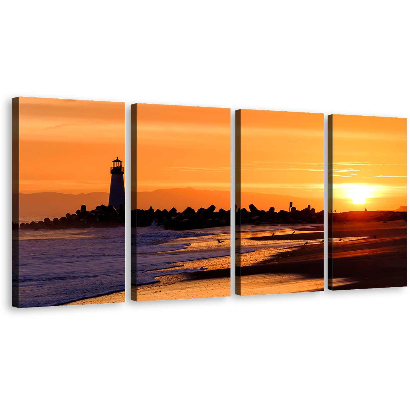 Walton Lighthouse Canvas Wall Art, Orange Santa Cruz Light Beacon 4 Piece Multiple Canvas, Black Lighthouse California Beach Canvas Print