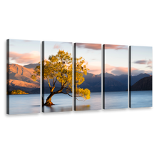 Load image into Gallery viewer, Wanaka New Zealand Wall Art, Yellow Alone Tree at Dawn 5 Piece Canvas Set, Beautiful Blue Mountains Lake Canvas Print
