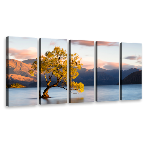 Wanaka New Zealand Wall Art, Yellow Alone Tree at Dawn 5 Piece Canvas Set, Beautiful Blue Mountains Lake Canvas Print