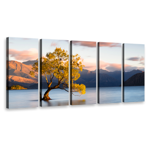 Wanaka New Zealand Wall Art, Yellow Alone Tree at Dawn 5 Piece Canvas Set, Beautiful Blue Mountains Lake Canvas Print
