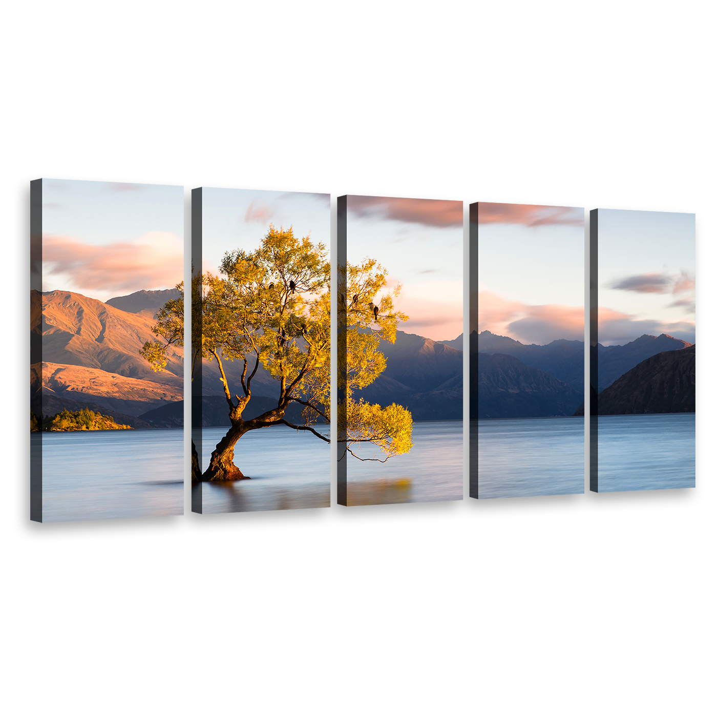 Wanaka New Zealand Wall Art, Yellow Alone Tree at Dawn 5 Piece Canvas Set, Beautiful Blue Mountains Lake Canvas Print