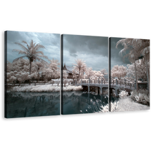 Load image into Gallery viewer, Wat Chalerm Canvas Print, Thailand Grey Sky Bridge River 3 Piece Multi Canvas, White Trees Scenery Wall Art
