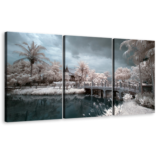 Wat Chalerm Canvas Print, Thailand Grey Sky Bridge River 3 Piece Multi Canvas, White Trees Scenery Wall Art