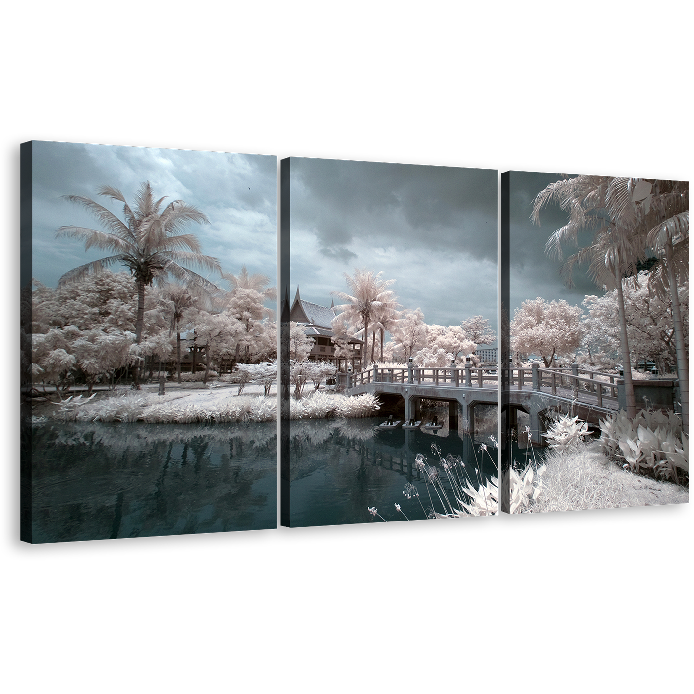 Wat Chalerm Canvas Print, Thailand Grey Sky Bridge River 3 Piece Multi Canvas, White Trees Scenery Wall Art