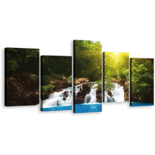 Load image into Gallery viewer, Water Forest Canvas Wall Art, Tropical Waterfall Blue Water Multi Canvas, Streaming Water Green Forest 5 Piece Canvas Print
