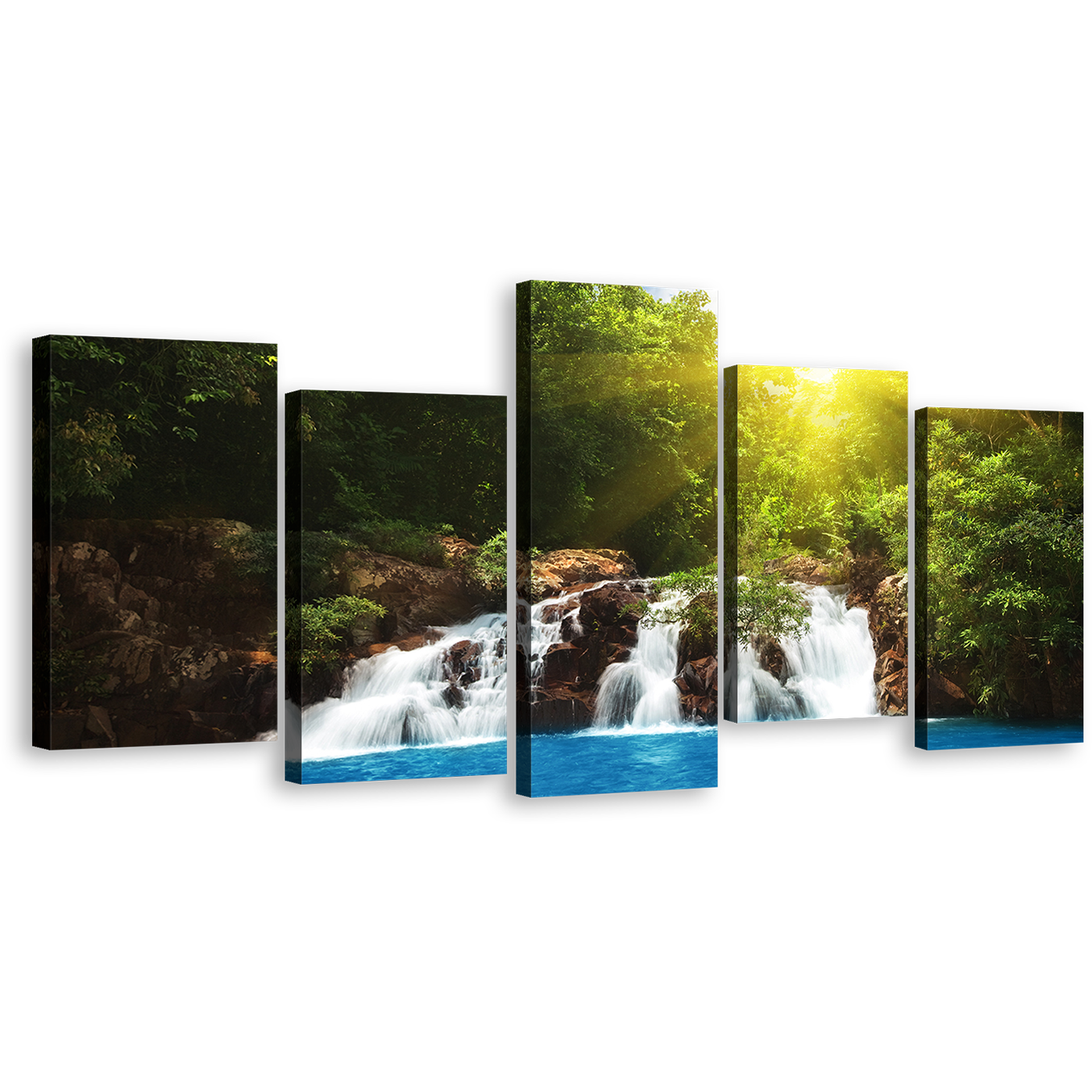 Water Forest Canvas Wall Art, Tropical Waterfall Blue Water Multi Canvas, Streaming Water Green Forest 5 Piece Canvas Print