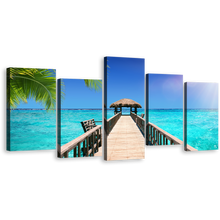 Load image into Gallery viewer, Water Hut Canvas Print, White Maldives Beach 5 Piece Multi Canvas, Blue Sky Pier Indian Ocean Seascape Wall Art
