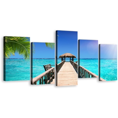 Water Hut Canvas Print, White Maldives Beach 5 Piece Multi Canvas, Blue Sky Pier Indian Ocean Seascape Wall Art