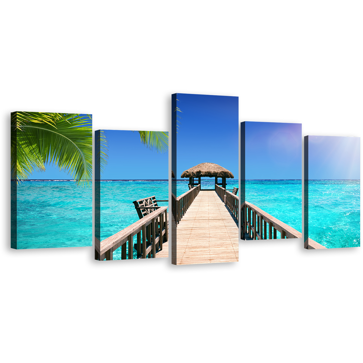 Water Hut Canvas Print, White Maldives Beach 5 Piece Multi Canvas, Blue Sky Pier Indian Ocean Seascape Wall Art