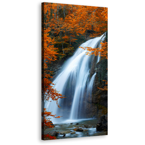 Waterfall Autumn Canvas Wall Art, Amazing Waterfall Stream Orange Trees 1 Piece Canvas Print, Beautiful White Waterfall Scenery Canvas Artwork