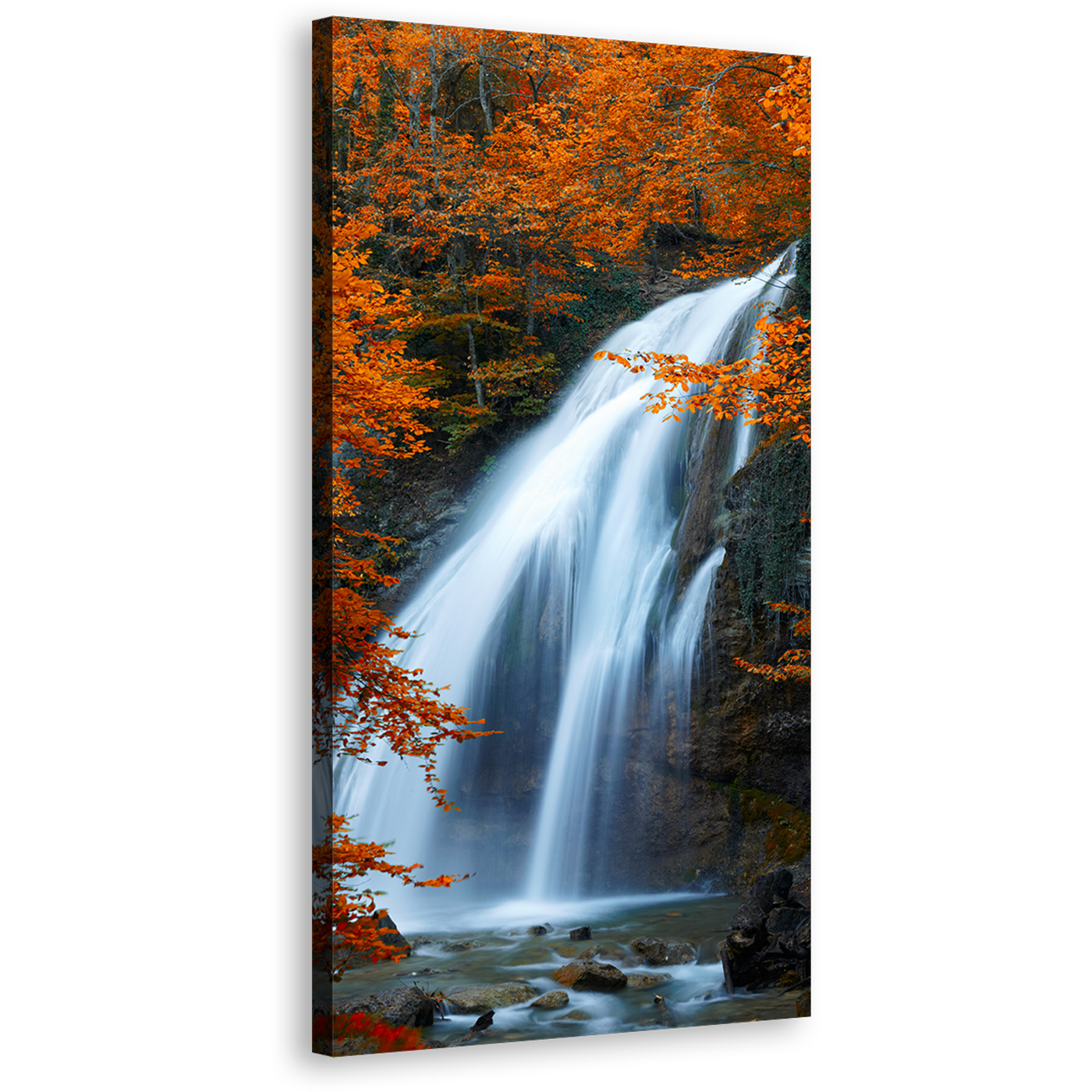 Waterfall Autumn Canvas Wall Art, Amazing Waterfall Stream Orange Trees 1 Piece Canvas Print, Beautiful White Waterfall Scenery Canvas Artwork