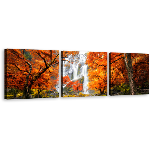 Waterfall Autumn Canvas Wall Art, Orange Trees Forest Waterfall 3 Piece Canvas Print, Thailand White Waterfall Multi Canvas