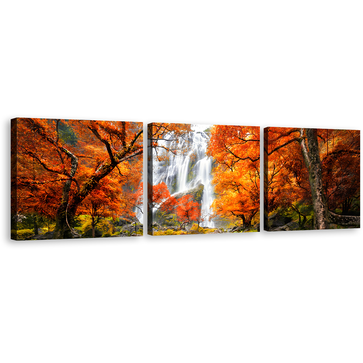 Waterfall Autumn Canvas Wall Art, Orange Trees Forest Waterfall 3 Piece Canvas Print, Thailand White Waterfall Multi Canvas