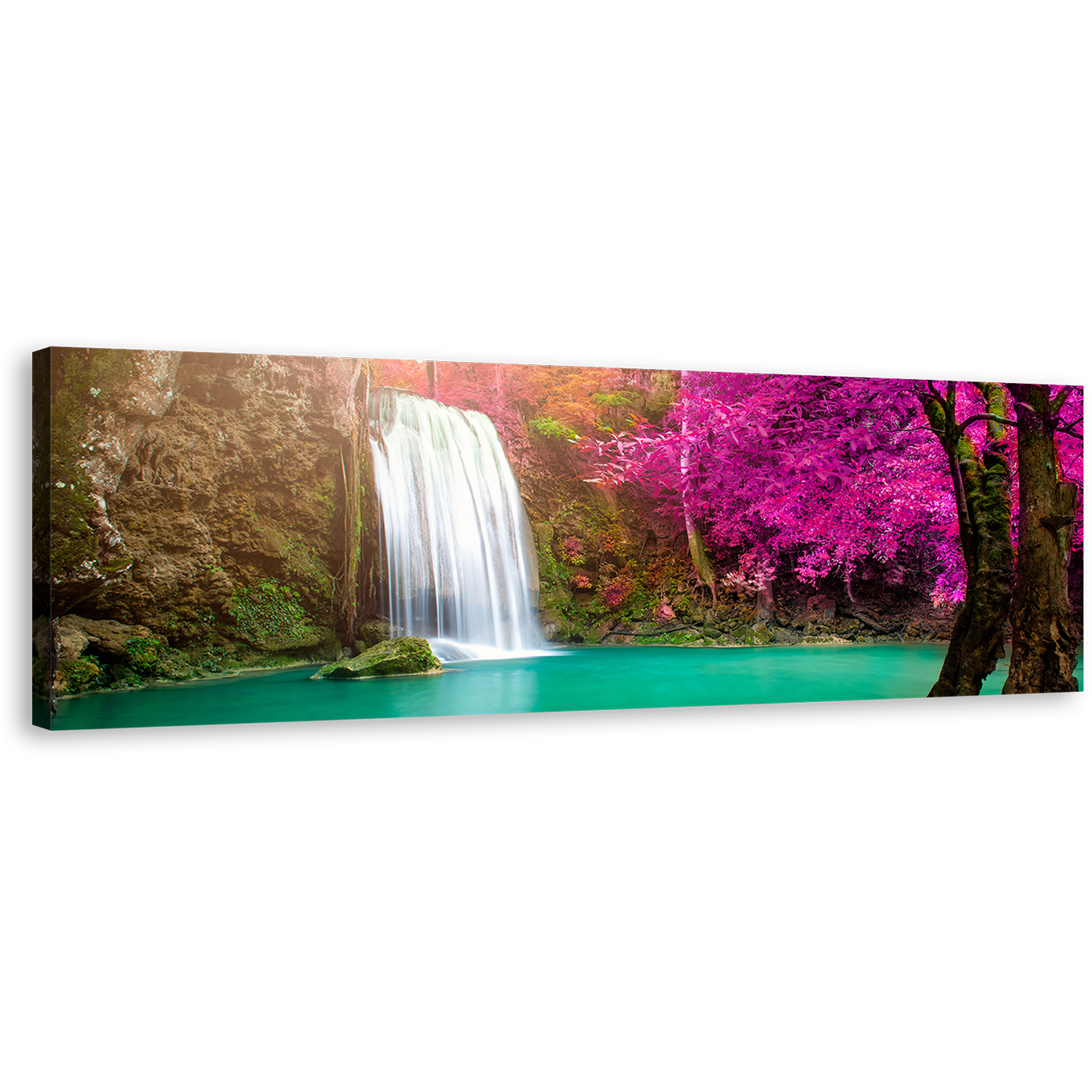 Waterfall Autumn Canvas Wall Art, Thailand Purple Trees Forest Waterfall Canvas Artwork, Green River Waterfall Scenery 1 Piece Canvas Print