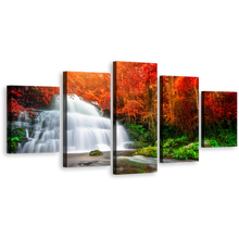 Load image into Gallery viewer, Waterfall Forest Canvas Print, Green Orange Autumn Trees Multiple Canvas, White Waterfall Streaming 5 Piece Canvas Wall Art
