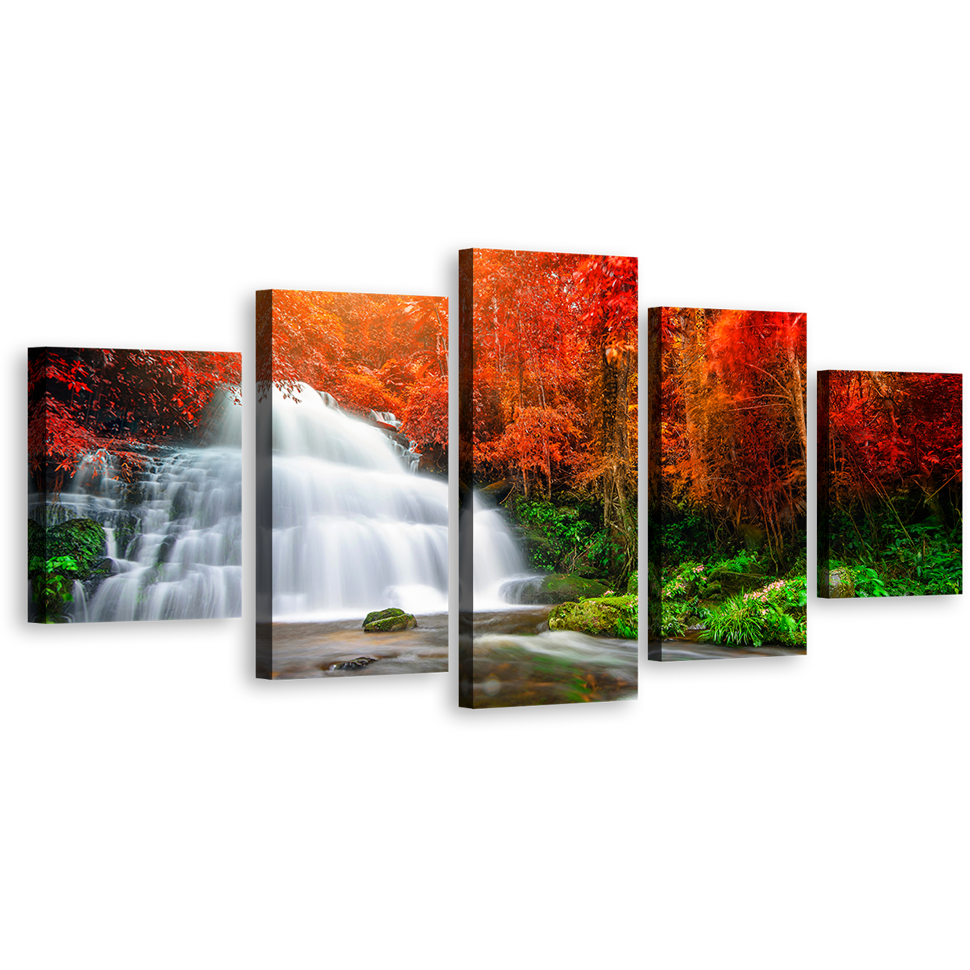 Waterfall Forest Canvas Print, Green Orange Autumn Trees Multiple Canvas, White Waterfall Streaming 5 Piece Canvas Wall Art