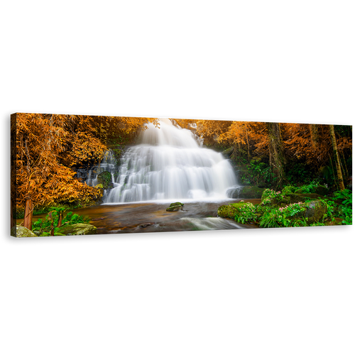 Waterfall Forest Canvas Print, Orange Autumn Trees Canvas Art, Beautiful White Waterfall Scenery Panoramic Wall Art