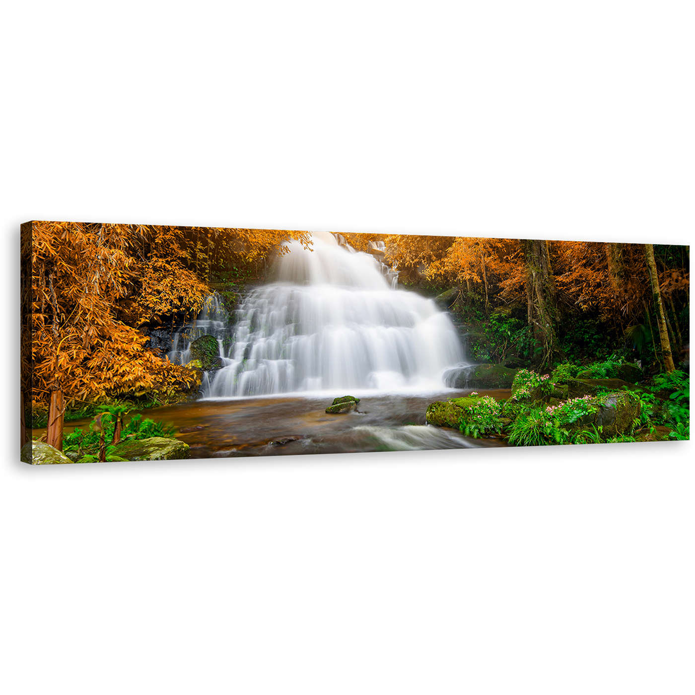 Waterfall Forest Canvas Print, Orange Autumn Trees Canvas Art, Beautiful White Waterfall Scenery Panoramic Wall Art