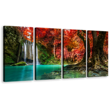 Load image into Gallery viewer, Waterfall Forest Canvas Wall Art, Green Erawan Waterfall National Park Multiple Canvas, Red Autumn Trees Forest Scenery 4 Piece Canvas Print
