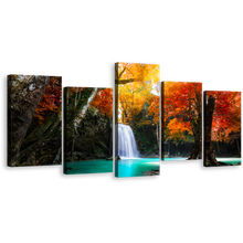 Load image into Gallery viewer, Waterfall Forest Canvas Wall Art, Waterfall Scenic 5 Piece Multi Canvas Artwork, Red Green Trees Waterfall Canvas Print
