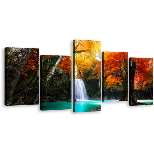 Waterfall Forest Canvas Wall Art, Waterfall Scenic 5 Piece Multi Canvas Artwork, Red Green Trees Waterfall Canvas Print