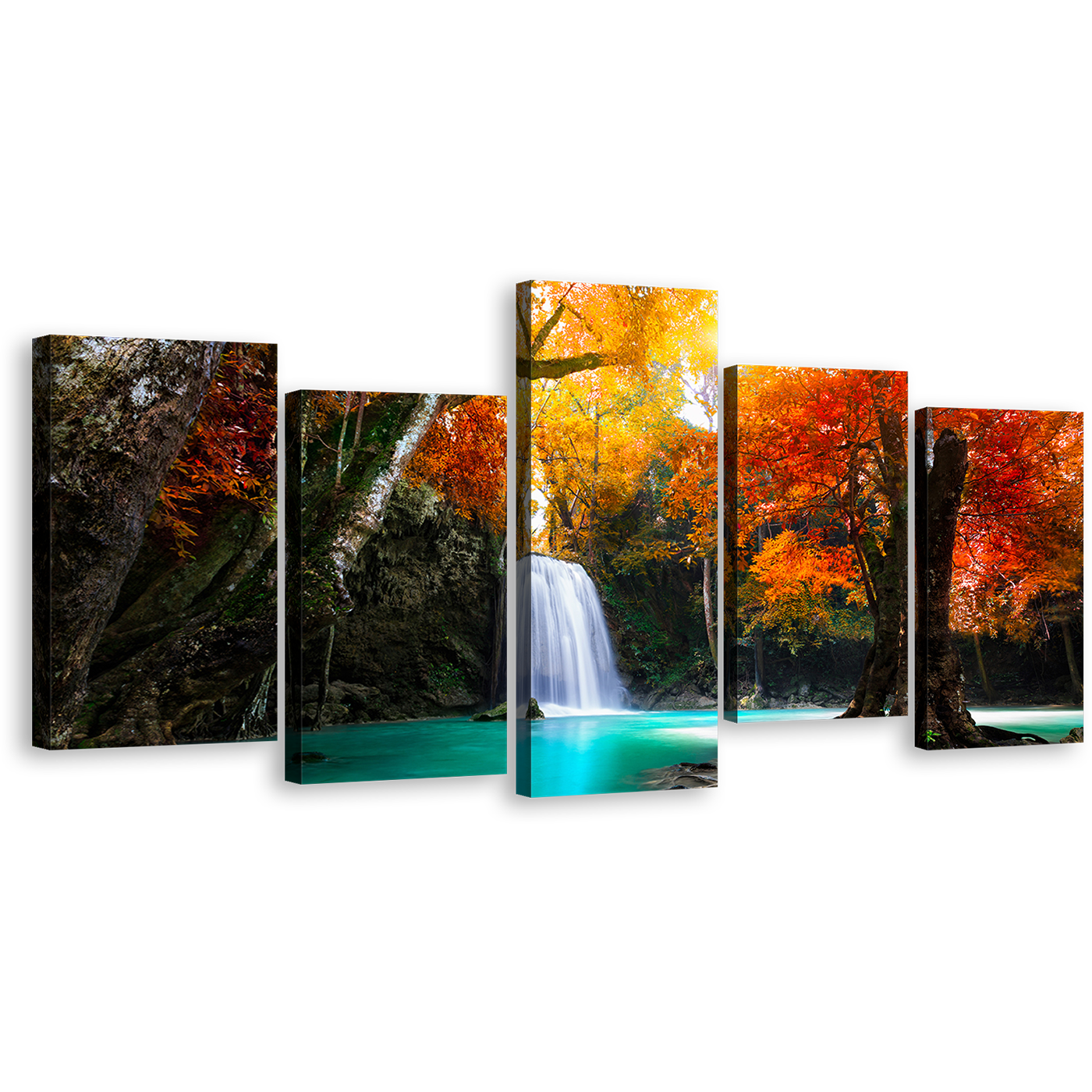 Waterfall Forest Canvas Wall Art, Waterfall Scenic 5 Piece Multi Canvas Artwork, Red Green Trees Waterfall Canvas Print