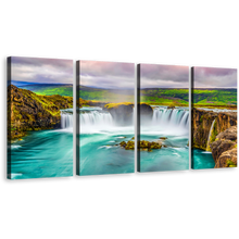 Load image into Gallery viewer, Waterfall Iceland Canvas Wall Art, Colorful Gofafoss Waterfall Iceland Canvas Print, Sea Green Skjalfandafljot River Waterfall 4 Piece Canvas Multi Canvas
