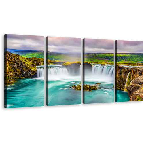 Waterfall Iceland Canvas Wall Art, Colorful Gofafoss Waterfall Iceland Canvas Print, Sea Green Skjalfandafljot River Waterfall 4 Piece Canvas Multi Canvas