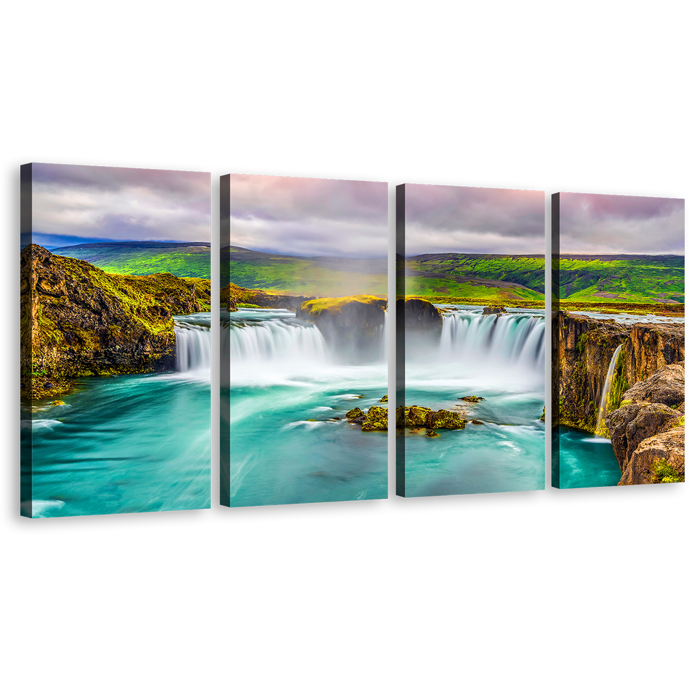 Waterfall Iceland Canvas Wall Art, Colorful Gofafoss Waterfall Iceland Canvas Print, Sea Green Skjalfandafljot River Waterfall 4 Piece Canvas Multi Canvas