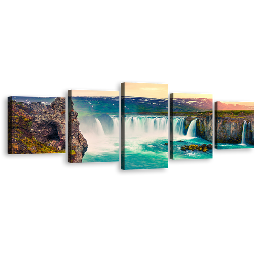 Waterfall Iceland Canvas Wall Art, Godafoss Waterfall Yellow Sky 5 Piece Multi Canvas, Sea Green Skjalfandafljot River Canvas Print