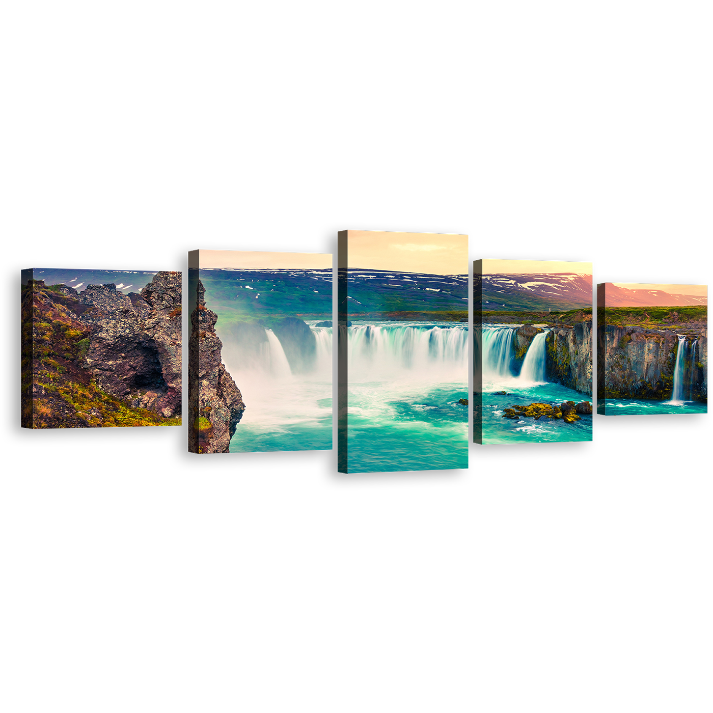 Waterfall Iceland Canvas Wall Art, Godafoss Waterfall Yellow Sky 5 Piece Multi Canvas, Sea Green Skjalfandafljot River Canvas Print