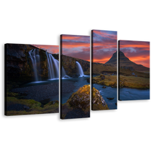 Load image into Gallery viewer, Waterfall Iceland Canvas Wall Art, Green Kirkjufell Mountains Multi Panel Canvas, Waterfall Iceland At Orange Sunrise 4 Piece Canvas Print
