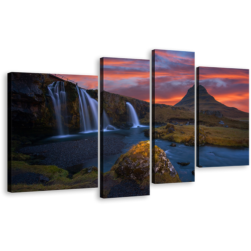 Waterfall Iceland Canvas Wall Art, Green Kirkjufell Mountains Multi Panel Canvas, Waterfall Iceland At Orange Sunrise 4 Piece Canvas Print