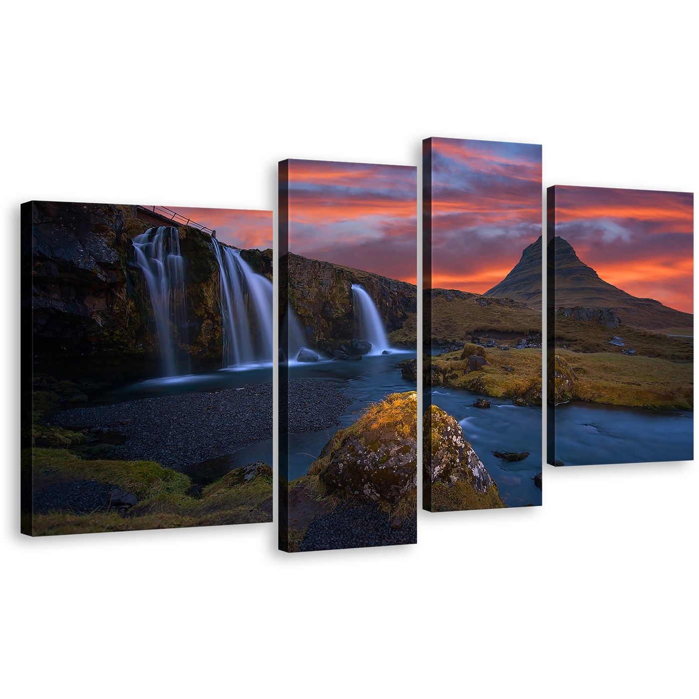 Waterfall Iceland Canvas Wall Art, Green Kirkjufell Mountains Multi Panel Canvas, Waterfall Iceland At Orange Sunrise 4 Piece Canvas Print