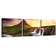 Load image into Gallery viewer, Waterfall Iceland Canvas Wall Art, Green Kirkjufellsfoss Waterfall 3 Piece Canvas, Kirkjufell Mountain Yellow Sunset Triptych Canvas Print
