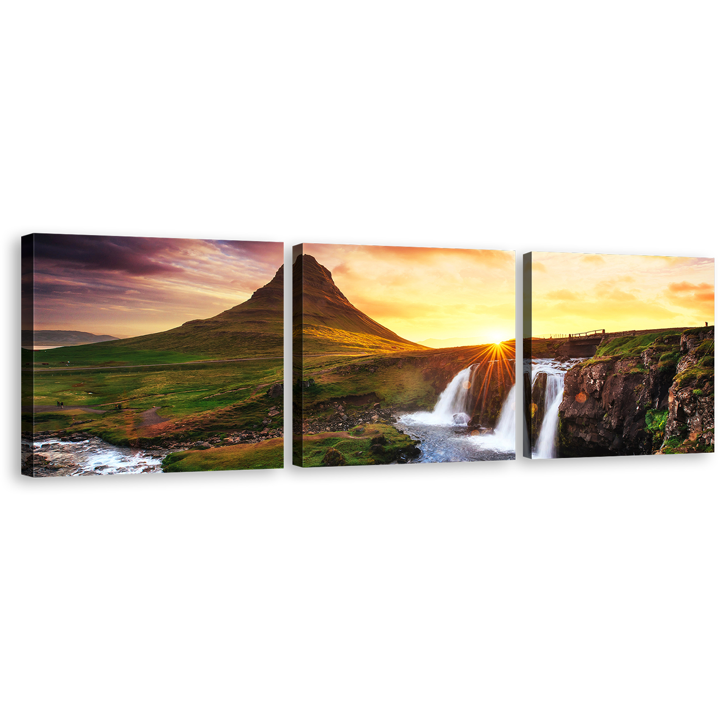 Waterfall Iceland Canvas Wall Art, Green Kirkjufellsfoss Waterfall 3 Piece Canvas, Kirkjufell Mountain Yellow Sunset Triptych Canvas Print