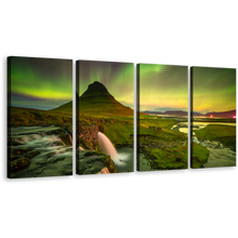 Load image into Gallery viewer, Waterfall Iceland Canvas Wall Art, Kirkjufell Northern Lights 4 Piece Canvas Set, Yellow Green Sky Mountain River Canvas Print
