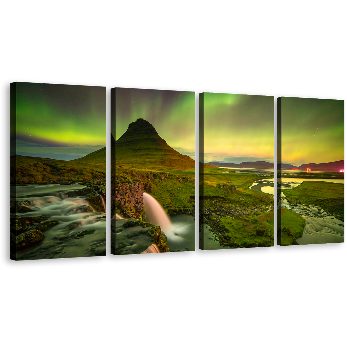 Waterfall Iceland Canvas Wall Art, Kirkjufell Northern Lights 4 Piece Canvas Set, Yellow Green Sky Mountain River Canvas Print